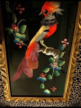 Vintage Real Bird Feathers Original Painting! 17 1/2 H Inticatley Layered!